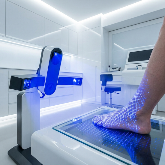 Ein moderner, sauberer Behandlungsraum in einem Sanitätshaus. Ein leuchtender 3D-Scanner wirft ein feines blaues Lichtgitter auf den nackten Fuß eines Patienten, der auf einer Glasplatte steht. Hochtechnologisch, steril, professionell, ohne Text im Bild.