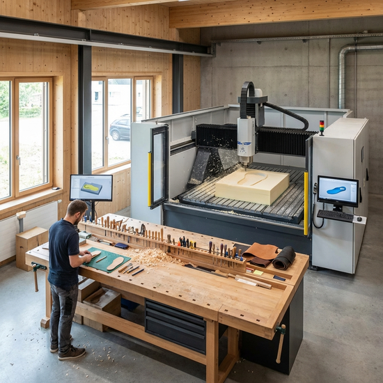 Eine moderne orthopädische Werkstatt. Im Hintergrund fräst eine CNC-Maschine präzise eine Einlage aus einem hellen Schaumstoffblock. Holzspäne und Werkzeuge liegen ordentlich auf einer Werkbank. Handwerk trifft auf moderne Technologie.