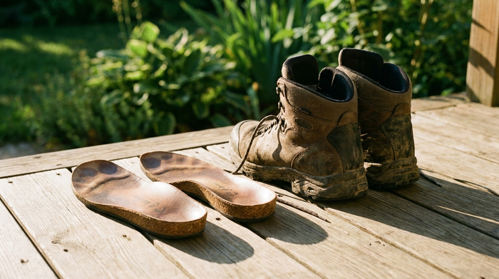Ein Paar orthopädische Einlagen liegt zum Lüften neben einem Paar Wanderschuhen auf einer sonnigen Holzterrasse. Im Hintergrund unscharf grüne Pflanzen. Sauber, ordentlich, natürliche Beleuchtung, realistische Szene.