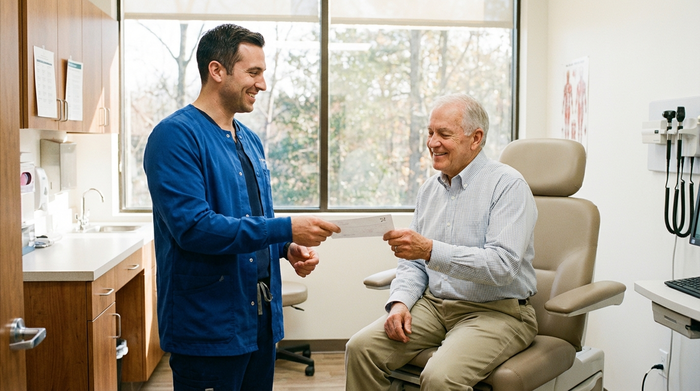 Ein freundlicher Arzt in einem hellen, modernen Behandlungszimmer überreicht einem lächelnden älteren Herrn ein ärztliches Rezept. Realistische Szene, warmes Licht, saubere und professionelle Umgebung ohne lesbaren Text.