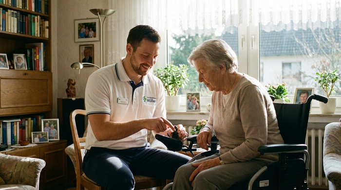 Ein professioneller Reha-Techniker in gepflegter Arbeitskleidung erklärt einer aufmerksamen Seniorin in ihrem gemütlichen Wohnzimmer die Funktionen eines elektrischen Rollstuhls. Natürliches Tageslicht, vertrauensvolle Stimmung.