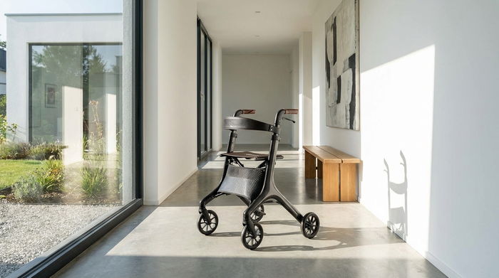 Ein eleganter, ultraleichter Carbon-Rollator steht in einem hellen, aufgeräumten Flur eines modernen Hauses. Sonnenlicht fällt durch ein großes Fenster, minimalistische und saubere Umgebung.