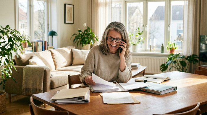 Eine engagierte Frau mittleren Alters sitzt an einem Holztisch in einem lichtdurchfluteten Wohnzimmer, telefoniert entspannt und sortiert Papiere. Realistische, positive und organisierte Stimmung.
