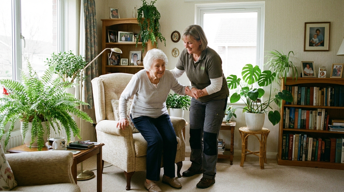 Eine einfühlsame Pflegekraft hilft einer älteren Dame schonend beim Aufstehen aus einem bequemen Sessel. Das Wohnzimmer ist ordentlich, lichtdurchflutet und mit vielen grünen Zimmerpflanzen dekoriert. Eine authentische und würdevolle Alltagssituation der häuslichen Grundpflege.