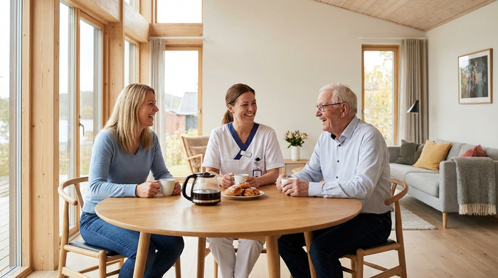 Eine erwachsene Tochter und eine professionelle Pflegekraft sitzen gemeinsam mit einem älteren Herrn an einem runden Esstisch aus Holz und unterhalten sich fröhlich. Auf dem Tisch stehen Kaffeetassen. Ein harmonisches Miteinander von Familie und Pflegedienst in einem modernen Zuhause.