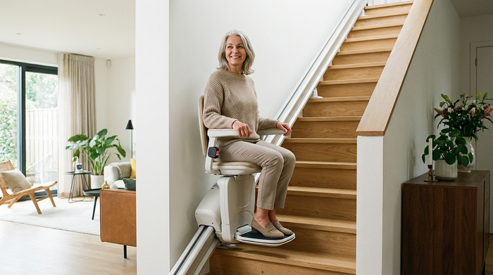 Ein moderner, sicherer Treppenlift ist an einer Holztreppe in einem gepflegten, hellen Einfamilienhaus installiert. Eine entspannte ältere Dame fährt lächelnd die Treppe hinauf. Hochwertige, realistische Darstellung einer barrierefreien Wohnraumanpassung ohne Text oder Diagramme.