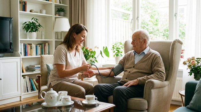 Eine einfühlsame Pflegekraft misst den Blutdruck eines älteren Herrn im gemütlichen Wohnzimmer. Helles Tageslicht, saubere und aufgeräumte Umgebung, entspannte Stimmung.