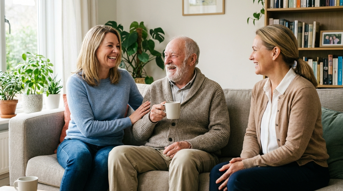 Eine Tochter, ein älterer Vater und eine Pflegedienstleitung sitzen entspannt auf einem Sofa bei einer Tasse Kaffee. Positive Körpersprache und ein vertrauensvolles Gespräch ohne lesbare Dokumente.