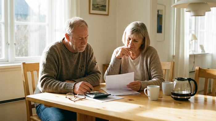 Ein älteres Ehepaar sitzt an einem hellen Holztisch und betrachtet nachdenklich, aber entspannt einige Unterlagen. Ein Taschenrechner und eine Brille liegen daneben. Ruhige, konzentrierte Atmosphäre.