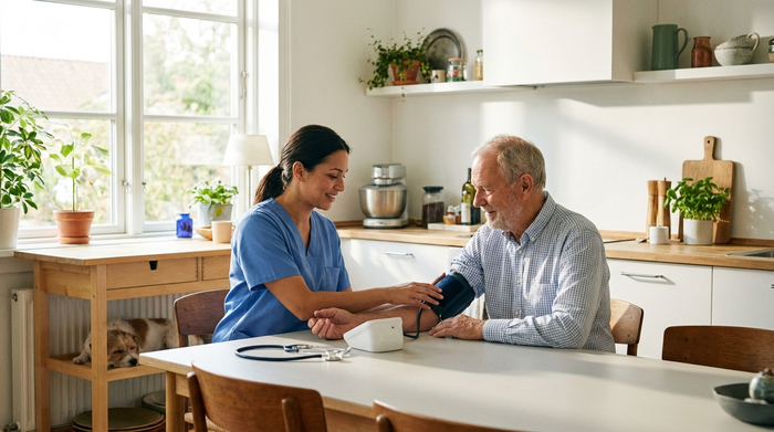 Eine professionelle Pflegekraft in blauer Dienstkleidung misst den Blutdruck eines älteren Herrn am Küchentisch. Helles, aufgeräumtes Umfeld, fokussierter und freundlicher Gesichtsausdruck, realistische Szene ohne Text.
