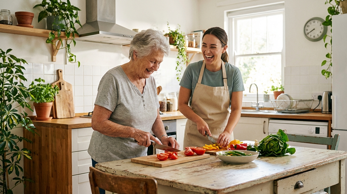 Eine ältere Frau und eine jüngere Betreuungskraft kochen gemeinsam in einer sauberen Küche. Sie lachen und schneiden frisches Gemüse. Warme und familiäre Stimmung, authentisches Miteinander, fotorealistisch.