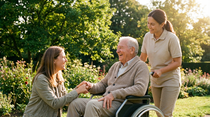 Ein älterer Herr im Rollstuhl wird von seiner Tochter und einer Pflegekraft im Garten begleitet. Sonniges Wetter, grüne Bäume, entspannte und sichere Umgebung, harmonisches Teamwork bei der Betreuung, realistisch.