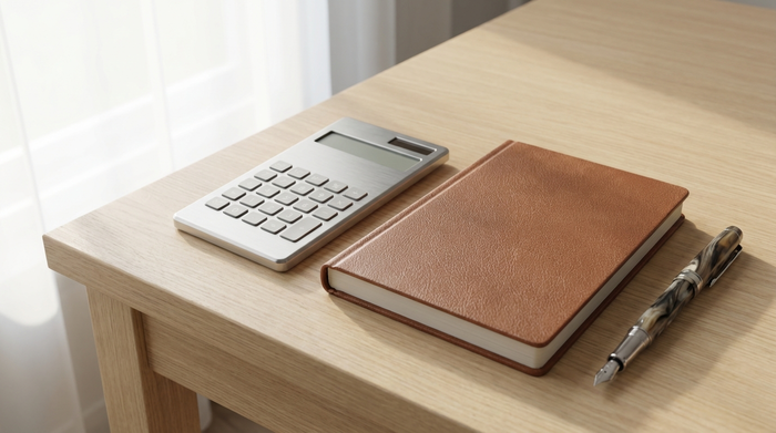 Ein moderner Taschenrechner, ein geschlossenes Notizbuch und ein edler Füller liegen ordentlich auf einem hellen Holztisch. Sanftes Tageslicht, aufgeräumte und professionelle Atmosphäre, realistische Fotografie ohne lesbaren Text.