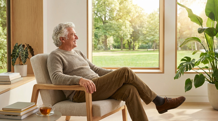 Ein älterer Herr mit grauem Haar sitzt entspannt in einem komfortablen Sessel in einem modernen Zimmer und schaut freundlich aus dem Fenster in einen grünen Park. Helles, freundliches Ambiente, sonniges Wetter.