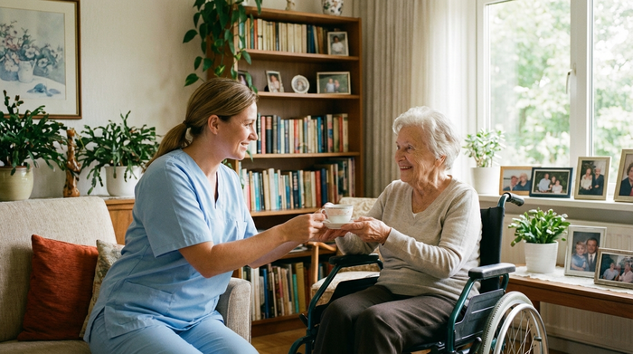 Eine freundliche Pflegekraft in hellblauer Berufskleidung reicht einer lächelnden Seniorin im Rollstuhl eine Tasse Tee im eigenen, gemütlichen Wohnzimmer. Helle Beleuchtung, vertrauensvolle und warme Stimmung, realistische Szene.