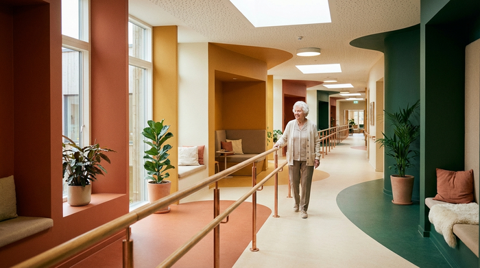 Ein heller, endloser Flur in einer modernen Pflegeeinrichtung, gestaltet in warmen, kontrastreichen Farben. Eine ältere Dame geht entspannt an einem Handlauf entlang. Realistische, freundliche Architektur ohne Sackgassen, viel Tageslicht, keine Schilder oder Text.