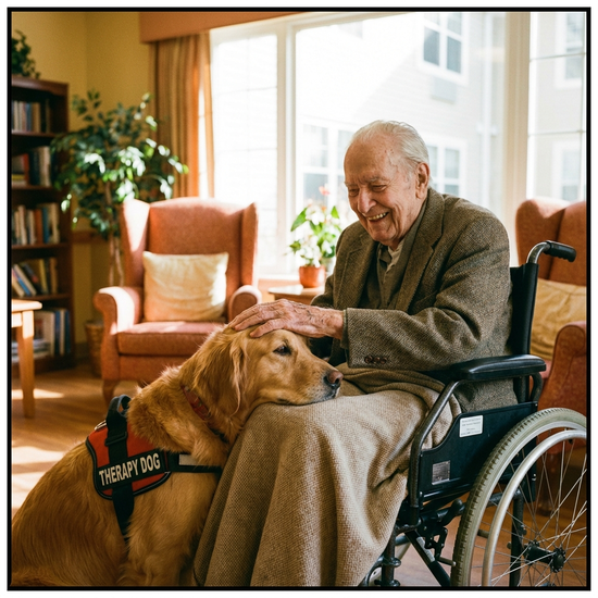 Ein freundlicher Therapiehund legt seinen Kopf sanft auf den Schoß eines älteren Herrn im Rollstuhl. Der Mann streichelt den Hund und lächelt glücklich. Helles Zimmer, warme Farben, realistische Fotografie.