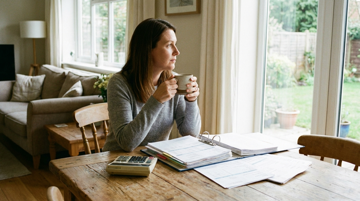 Eine nachdenkliche Tochter sitzt an einem Holztisch, vor ihr liegen ordentlich sortierte Dokumente und ein Taschenrechner. Sie hält eine Kaffeetasse und schaut aus dem Fenster. Helles Wohnzimmer, realistische Szene, kein lesbarer Text auf den Papieren.