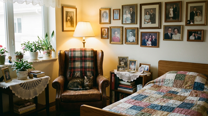 Ein gemütlich eingerichtetes Zimmer in einem Seniorenheim. Ein vertrauter, alter Ohrensessel steht neben einem Bett, an der Wand hängen gerahmte Familienfotos. Ein liebevoll dekoriertes Umfeld, das Geborgenheit ausstrahlt, realistische Fotografie.