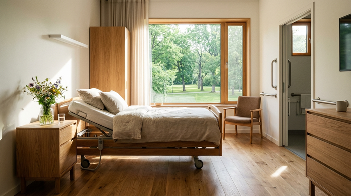 Ein modernes, helles Zimmer in einer Kurzzeitpflegeeinrichtung mit einem gemütlichen, barrierefreien Bett, warmen Holzmöbeln und einem großen Fenster mit Blick auf einen grünen Park. Frische Blumen stehen auf dem Nachttisch.