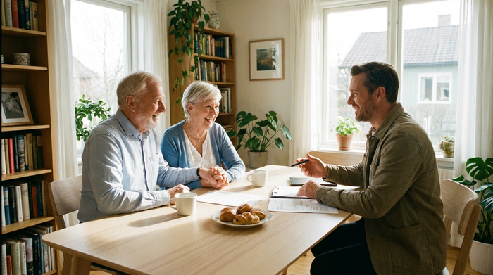 Ein älteres Ehepaar sitzt gemeinsam mit einem freundlichen Berater an einem hellen Holztisch und bespricht entspannt Dokumente. Kaffeetassen stehen auf dem Tisch, die Stimmung ist erleichtert und positiv.