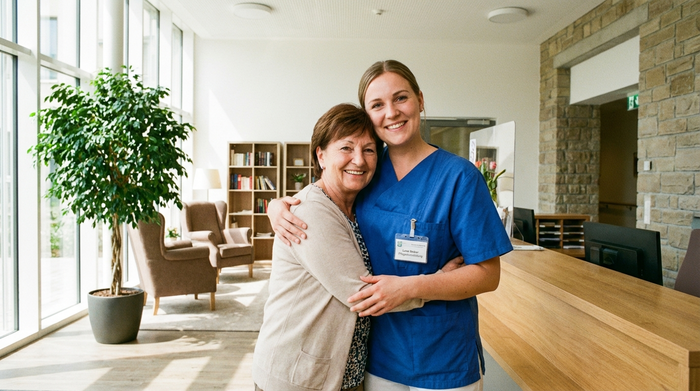 Eine freundliche Pflegedienstleiterin in blauer Berufskleidung begrüßt eine Besucherin herzlich im hellen Empfangsbereich einer modernen Pflegeeinrichtung. Im Hintergrund sind grüne Pflanzen und eine gemütliche Sitzecke zu sehen.