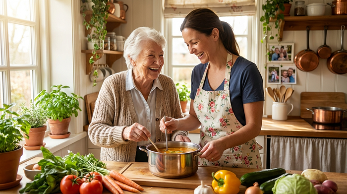 Eine liebevolle Betreuungskraft kocht gemeinsam mit einer lächelnden Seniorin in einer gemütlichen, gut beleuchteten Küche. Frisches Gemüse liegt auf der Arbeitsplatte, beide haben sichtlich Freude an der gemeinsamen Aktivität.