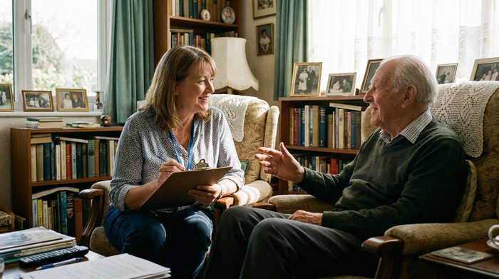 Eine empathische Gutachterin sitzt mit einem älteren Herrn in dessen Wohnzimmer, macht sich Notizen auf einem Klemmbrett und hört ihm aufmerksam und wohlwollend zu. Ruhige, vertrauensvolle Atmosphäre.