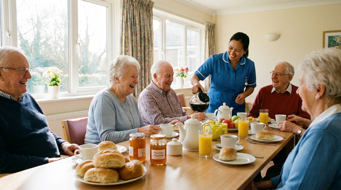 Eine Gruppe fröhlicher Senioren sitzt in einem sonnendurchfluteten Raum bei einem gemeinsamen Frühstück. Auf dem Tisch stehen frische Brötchen, Marmelade und Kaffeetassen. Eine Pflegekraft gießt lächelnd Kaffee ein.