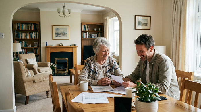 Eine ältere Dame und ihr erwachsener Sohn sitzen am heimischen Esstisch und schauen entspannt auf einige Dokumente. Beide lächeln erleichtert. Im Hintergrund sieht man ein gemütliches, aufgeräumtes Wohnzimmer.