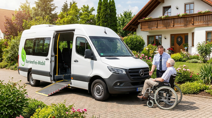 Ein moderner, weißer Kleinbus mit ausgefahrener Rampe für Rollstühle steht vor einem gepflegten Einfamilienhaus im Grünen. Ein freundlicher Fahrer hilft einem Senior rücksichtsvoll und sicher beim Einsteigen.