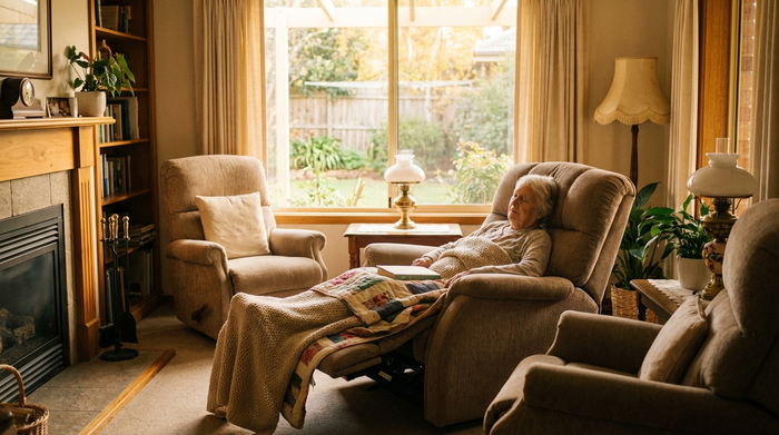 Ein gemütlicher, ruhiger Ruheraum in einer Pflegeeinrichtung mit bequemen, gepolsterten Liegesesseln. Weiches, warmes Licht fällt durch das Fenster. Eine ältere Dame ruht sich friedlich mit einer Decke aus.