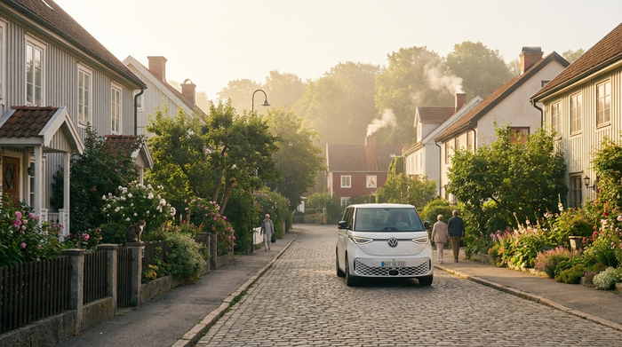 Eine malerische, typische Wohnstraße mit gepflegten Vorgärten im sanften Morgenlicht. Ein moderner, neutraler weißer Kleinbus fährt langsam und sicher die Straße entlang.