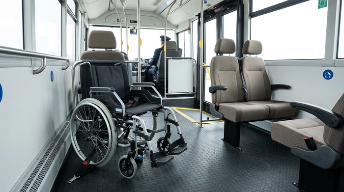 Ein gut ausgeleuchteter Innenraum eines geräumigen Transportbusses. Ein Rollstuhl ist mit professionellen Gurten sicher am Boden befestigt, daneben bequeme, ergonomische Sitze für die Senioren. Sauber, modern und sicher.