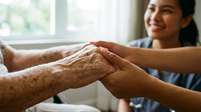 Eine Nahaufnahme von Händen, die sanft die Hand eines älteren Menschen halten. Im Hintergrund leicht verschwommen ein freundlicher Betreuer. Fokus auf Fürsorge und menschliche Wärme.
