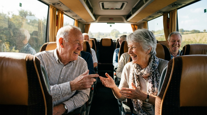 Zwei fröhliche Senioren unterhalten sich angeregt und lachend auf den bequemen Sitzen eines Kleinbusses. Ein sonniger Tag, freundliche und gesellige Stimmung, realistische Szene.