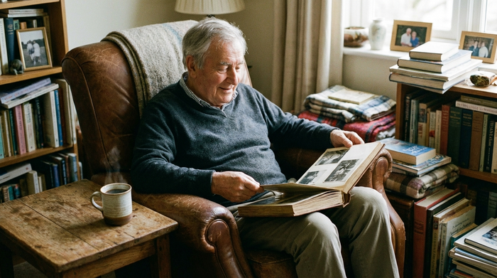 Ein älterer Herr mit grauem Haar sitzt entspannt in einem bequemen Sessel und betrachtet aufmerksam ein altes Fotoalbum. Neben ihm steht eine Tasse dampfender Kaffee auf einem kleinen Holztisch. Die Atmosphäre ist ruhig, sicher und gemütlich.