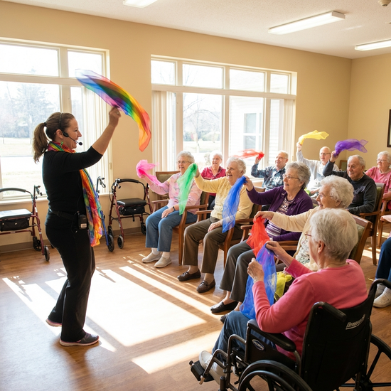 Eine Gruppe von Senioren macht gemeinsam leichte Sitzgymnastik mit bunten Tüchern in einem sonnendurchfluteten Raum. Eine motivierte Therapeutin macht die Übungen vor. Alle wirken konzentriert und haben sichtlich Spaß an der sanften Bewegung.