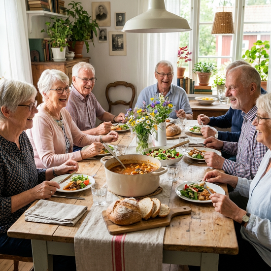 Ein liebevoll gedeckter Esstisch mit frischem, dampfendem Mittagessen. Mehrere Senioren sitzen gemeinsam beim Essen, unterhalten sich angeregt und genießen die Mahlzeit in einer familiären, harmonischen Gemeinschaft.