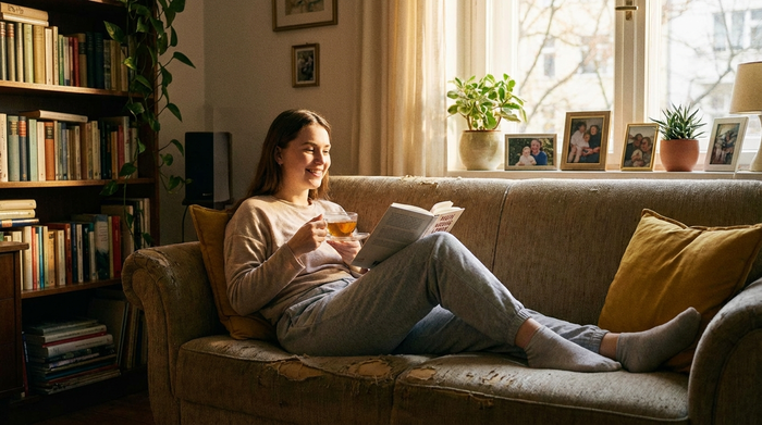 Eine jüngere Frau, die pflegende Tochter, sitzt entspannt mit einer Tasse Tee auf ihrem heimischen Sofa und liest ein Buch. Sie wirkt gelöst und erholt, während warmes Nachmittagslicht in ihr Wohnzimmer fällt.