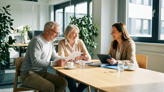 Ein älteres Ehepaar sitzt gemeinsam mit einer freundlichen Beraterin an einem hellen Holztisch und bespricht lächelnd verschiedene Unterlagen. Die Atmosphäre ist vertrauensvoll, professionell und entspannt.