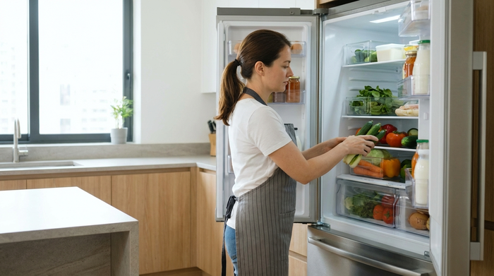 Eine professionelle Haushaltshilfe beim Einräumen von frischem Gemüse in einen sauberen Kühlschrank in einer modernen, aufgeräumten Küche. Helles Licht, gepflegte Umgebung, realistische Szene.