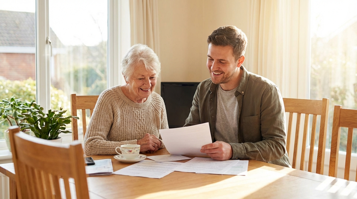 Eine ältere Dame und ein jüngerer Pflegeberater sitzen gemeinsam an einem Esstisch und schauen lächelnd auf einige Dokumente. Helle, freundliche Atmosphäre, seriöse Beratungssituation ohne lesbaren Text.