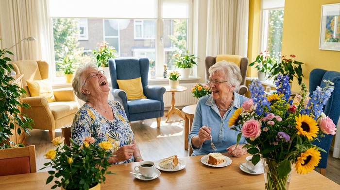 Zwei ältere Freundinnen sitzen lachend bei Kaffee und Kuchen in einem blitzblanken, lichtdurchfluteten Wohnzimmer. Frische Blumen auf dem Tisch, einladende und fröhliche Stimmung.