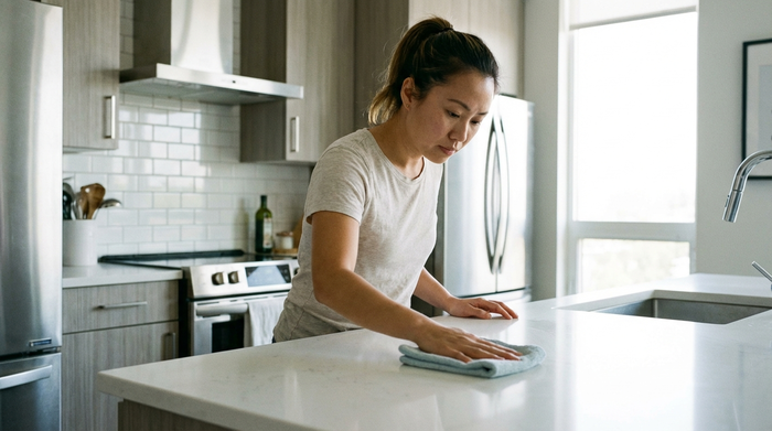 Eine ordentliche, fokussierte Reinigungskraft wischt mit einem weichen Tuch eine saubere Küchenarbeitsplatte in einem modernen Haushalt. Im Hintergrund glänzen saubere Fliesen. Realistische, helle Szene ohne Text.