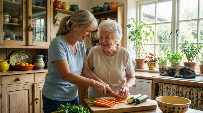 Eine einfühlsame Seniorenassistentin hilft einer älteren Dame beim Schneiden von frischem Gemüse in einer gemütlichen Küche. Beide lachen und wirken entspannt. Helle, freundliche Umgebung.