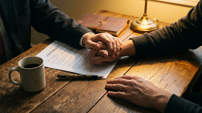 Zwei Hände reichen sich über einem Holztisch, daneben liegt ein Stift und eine Kaffeetasse. Eine vertrauensvolle Geste, die Sicherheit und eine seriöse vertragliche Einigung symbolisiert. Warme Beleuchtung.