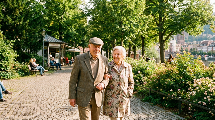 Ein älteres Ehepaar spaziert Arm in Arm durch einen sonnigen Park in einer deutschen Stadt. Im Hintergrund sind grüne Bäume und ein gepflasterter Weg zu sehen. Friedliche, entspannte Stimmung.