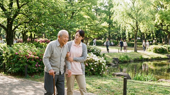 Ein entspannter Spaziergang in einem sonnigen Park. Ein älterer Herr stützt sich leicht auf den Arm einer aufmerksamen Betreuungskraft. Die Umgebung ist grün und gepflegt, beide tragen wettergerechte Kleidung und genießen sichtlich die frische Luft.