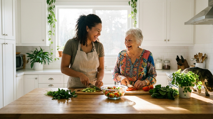 Eine saubere, helle Küche. Eine Betreuungskraft bereitet gemeinsam mit einer Seniorin frisches Gemüse für das Mittagessen vor. Fröhliche Stimmung, helles Tageslicht fällt durch das Fenster auf die hölzerne Arbeitsplatte.
